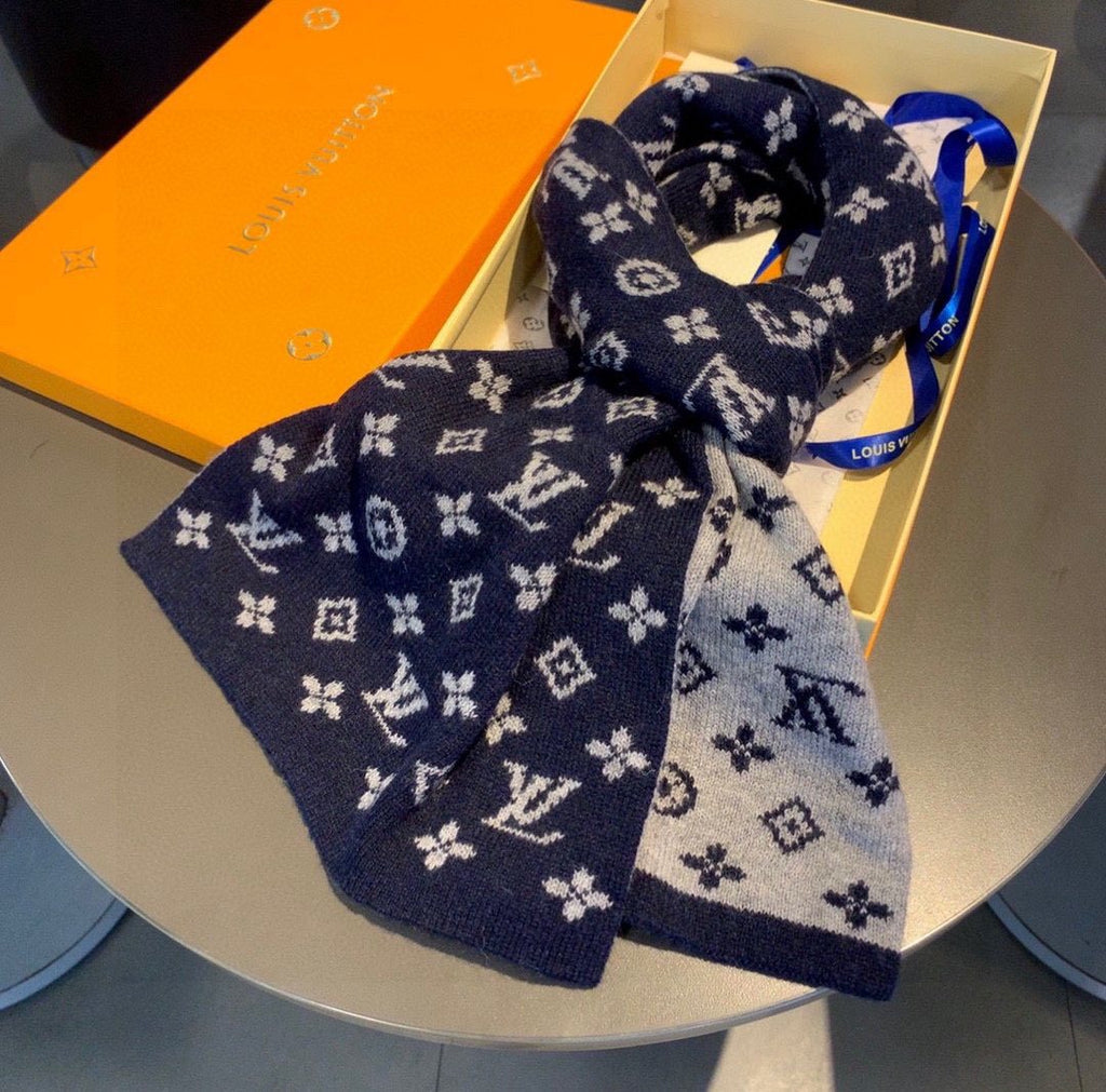 Louis Vuitton Navy and Gray Reversible Cashmere Scarf