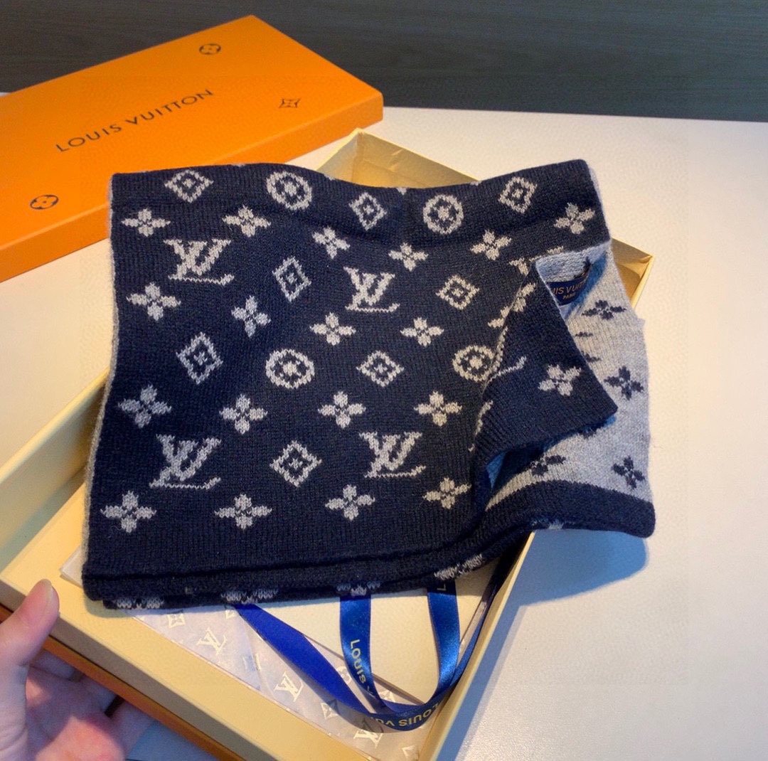 Louis Vuitton Navy and Gray Reversible Cashmere Scarf