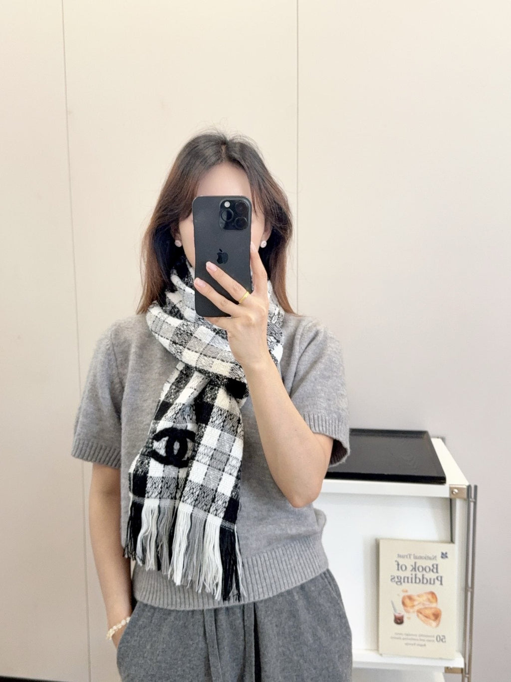 Chanel Black and White Plaid Fringed Scarf