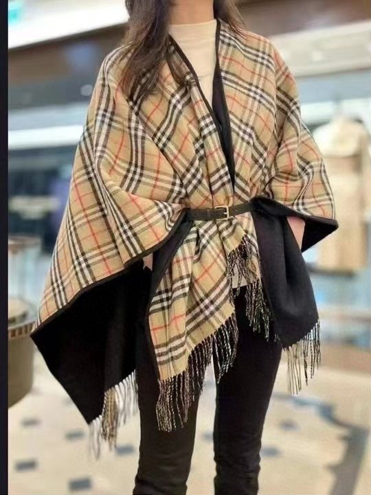Burberry Reversible Plaid Fringed Poncho Wrap