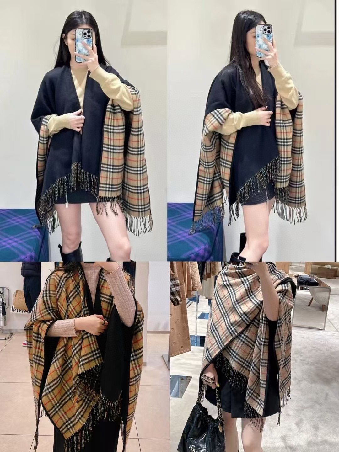 Burberry Reversible Plaid Fringe Cape Shawl