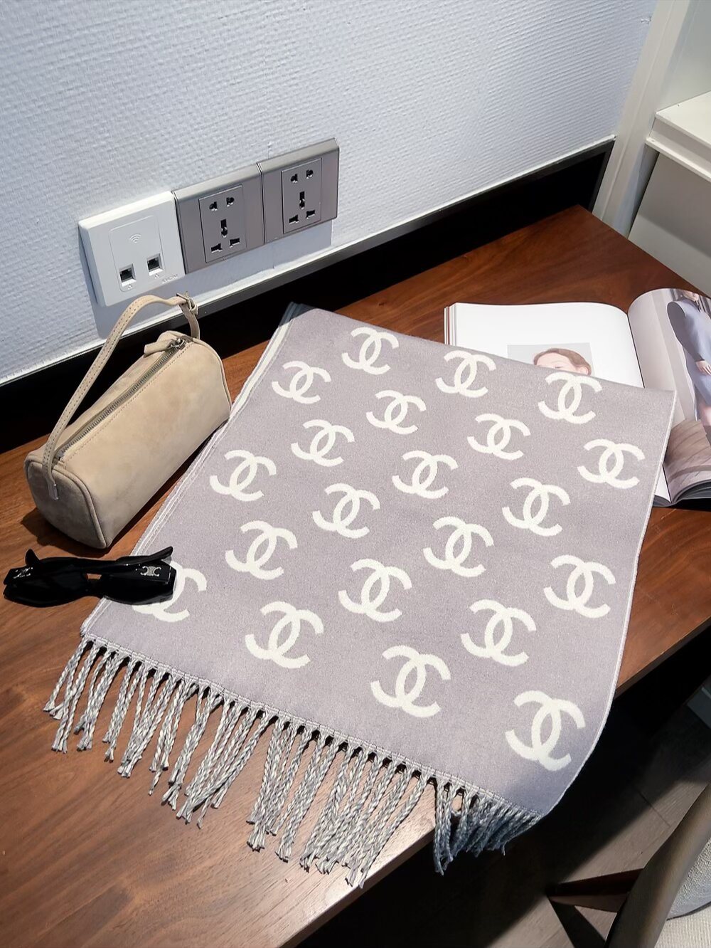Chanel Interlocking Motif Fringed Scarf