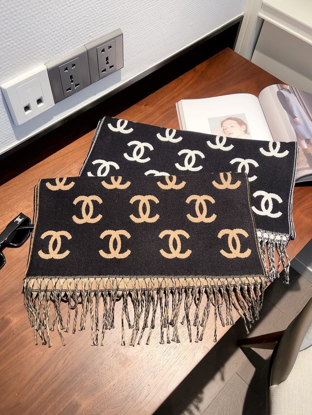 Chanel Interlocking Motif Fringed Scarf