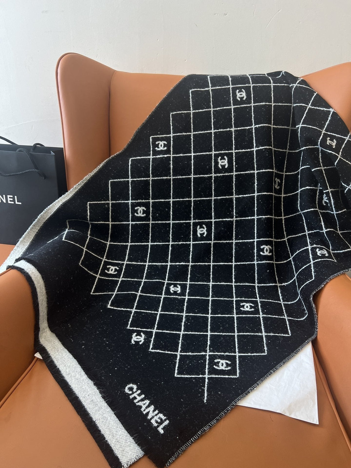 Chanel Black and Ivory Grid Shawl Scarf