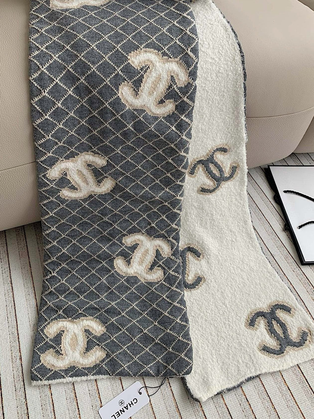 Chanel Gray & Ivory Diamond-Pattern Scarf