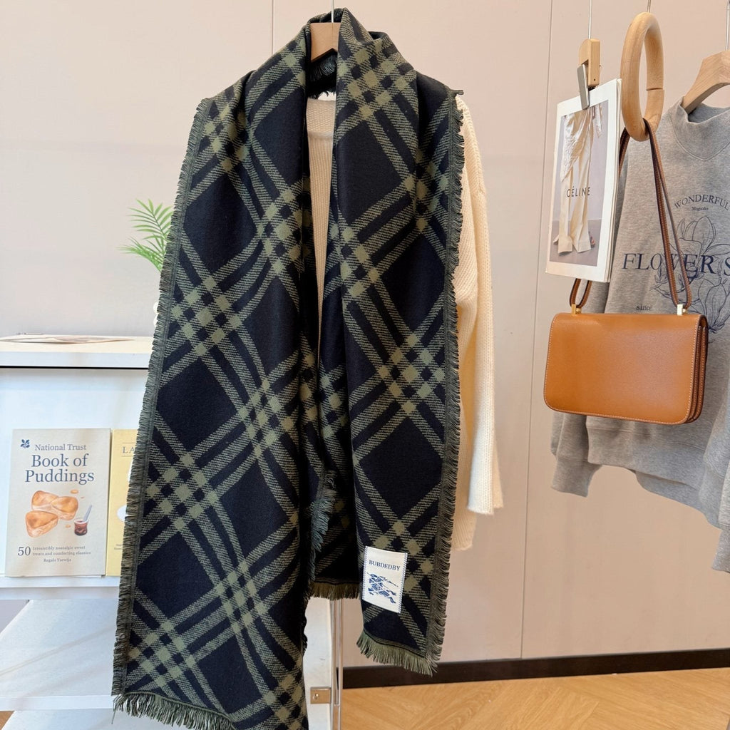 Burberry Black and Olive Plaid Scarf - 200 x 65 cm