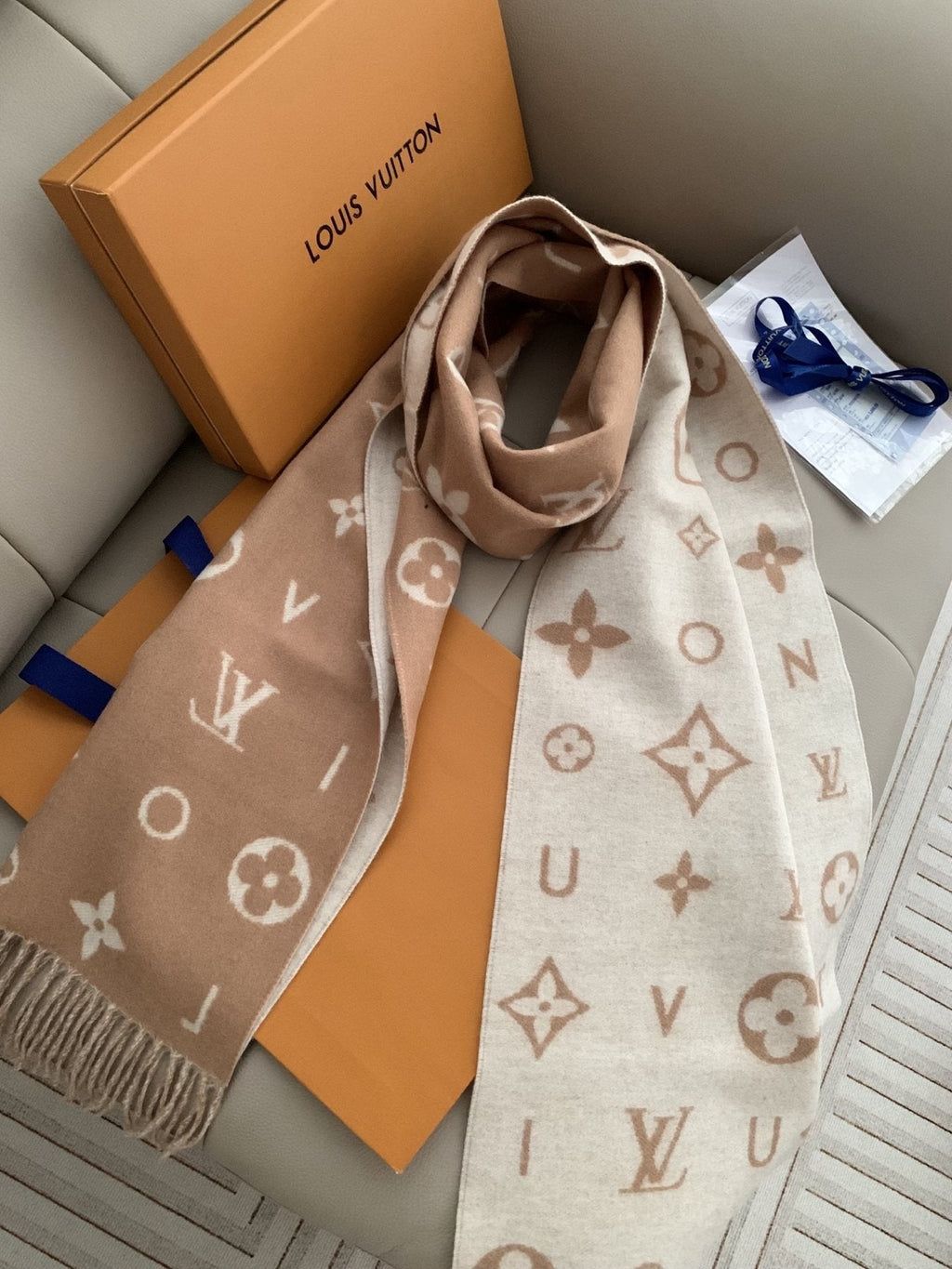 Louis Vuitton Beige Ivory Fringed Scarf