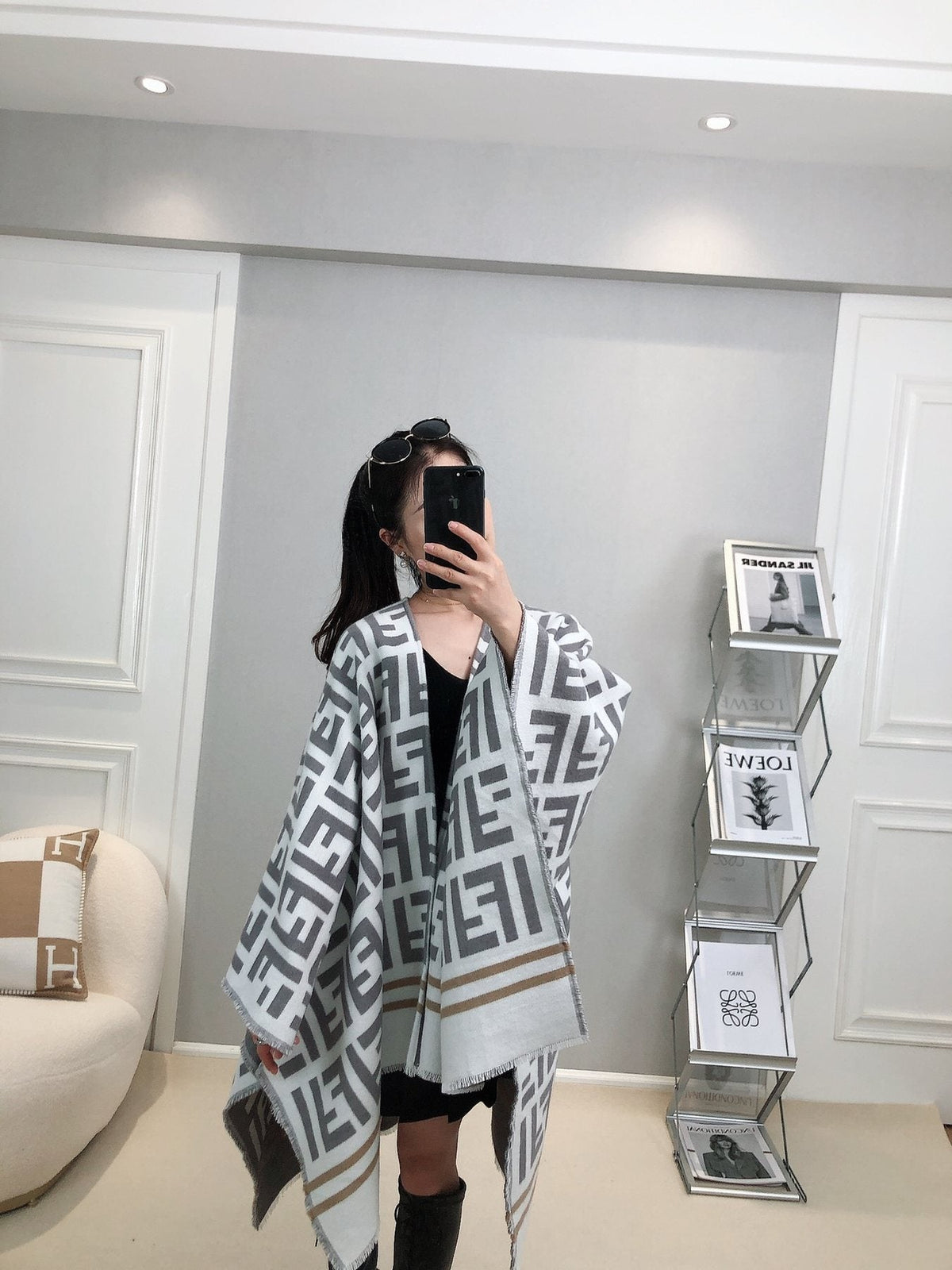 Fendi Geometric Monogram Fringe Shawl