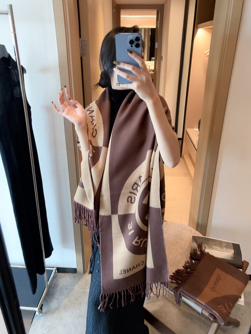 Chanel Fringed Logo Scarf Shawl