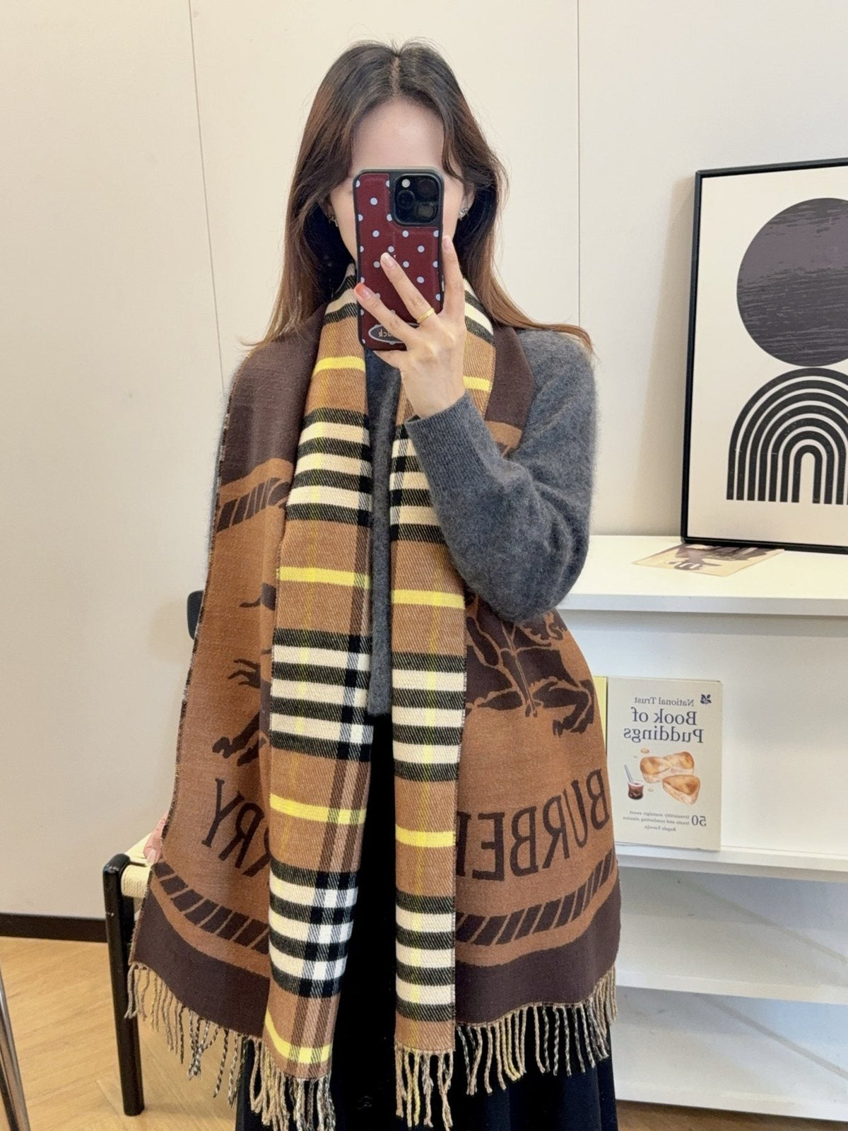 Burberry Brown Plaid Equestrian Graphic Scarf