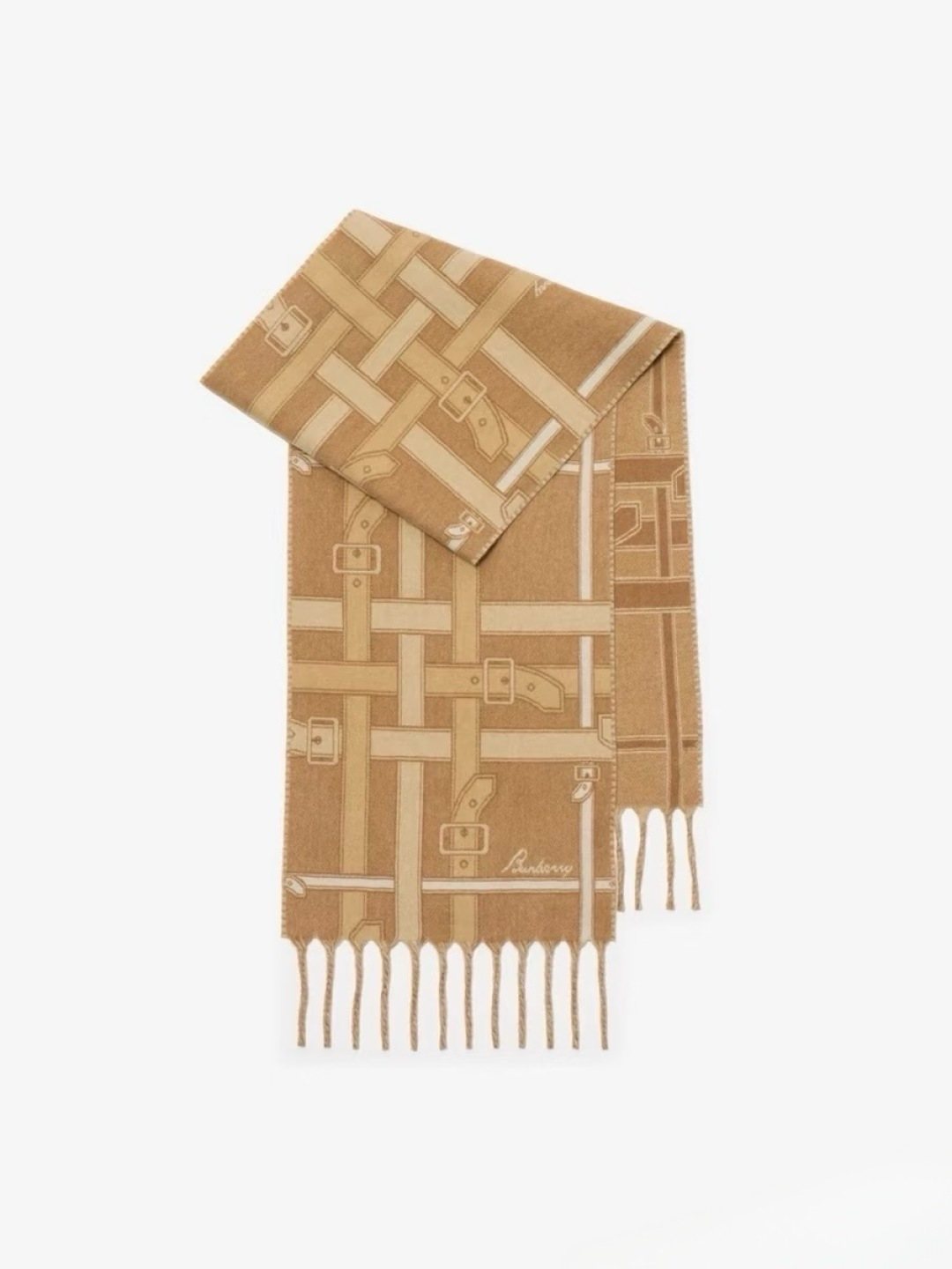 Tan and Beige Geometric Fringed Scarf