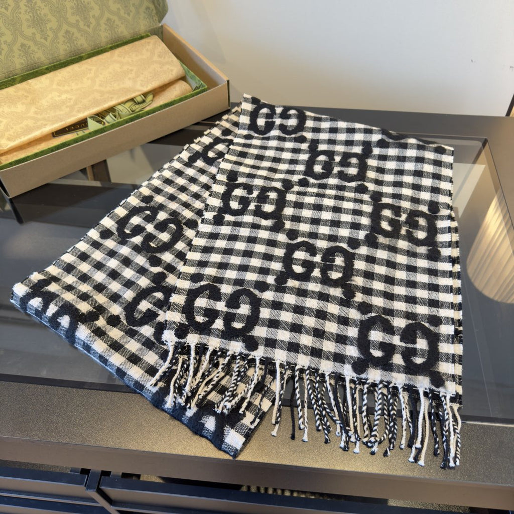 Gucci Black and White Checked Fringed Scarf