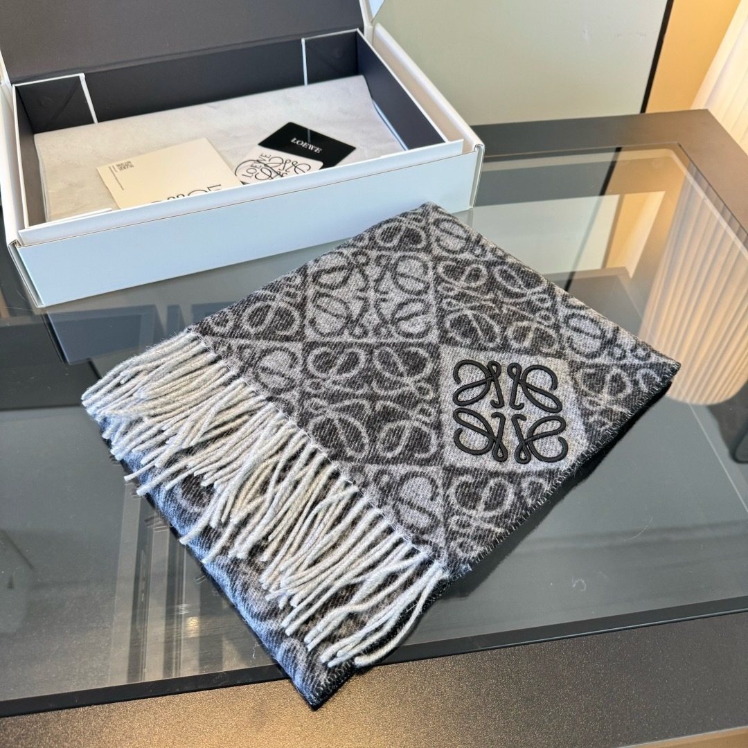 Loewe Charcoal Gray & Ivory Fringed Scarf