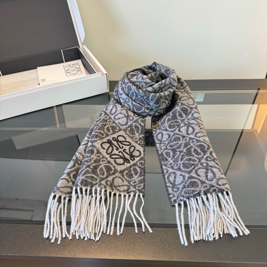 Loewe Charcoal Gray & Ivory Fringed Scarf
