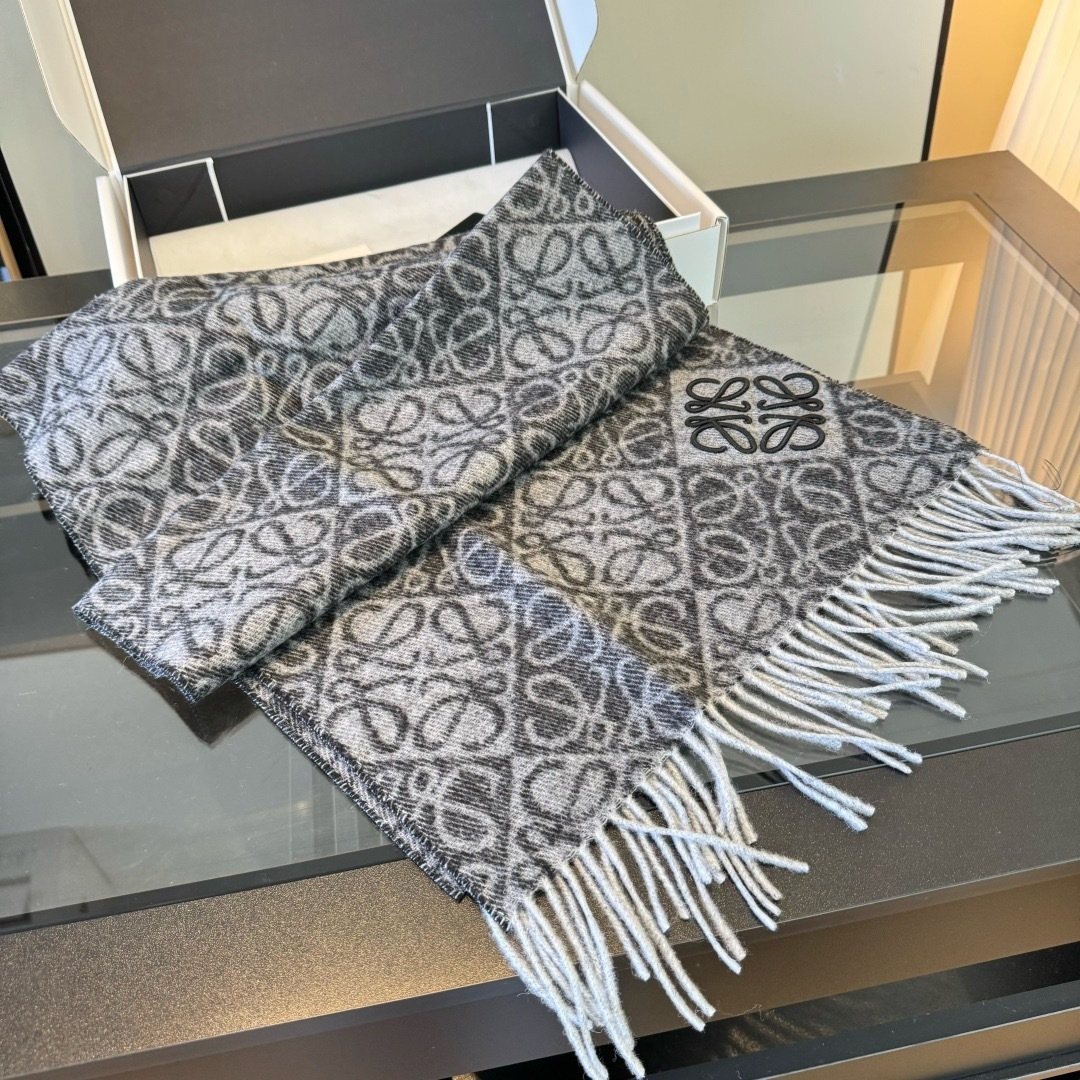 Loewe Charcoal Gray & Ivory Fringed Scarf