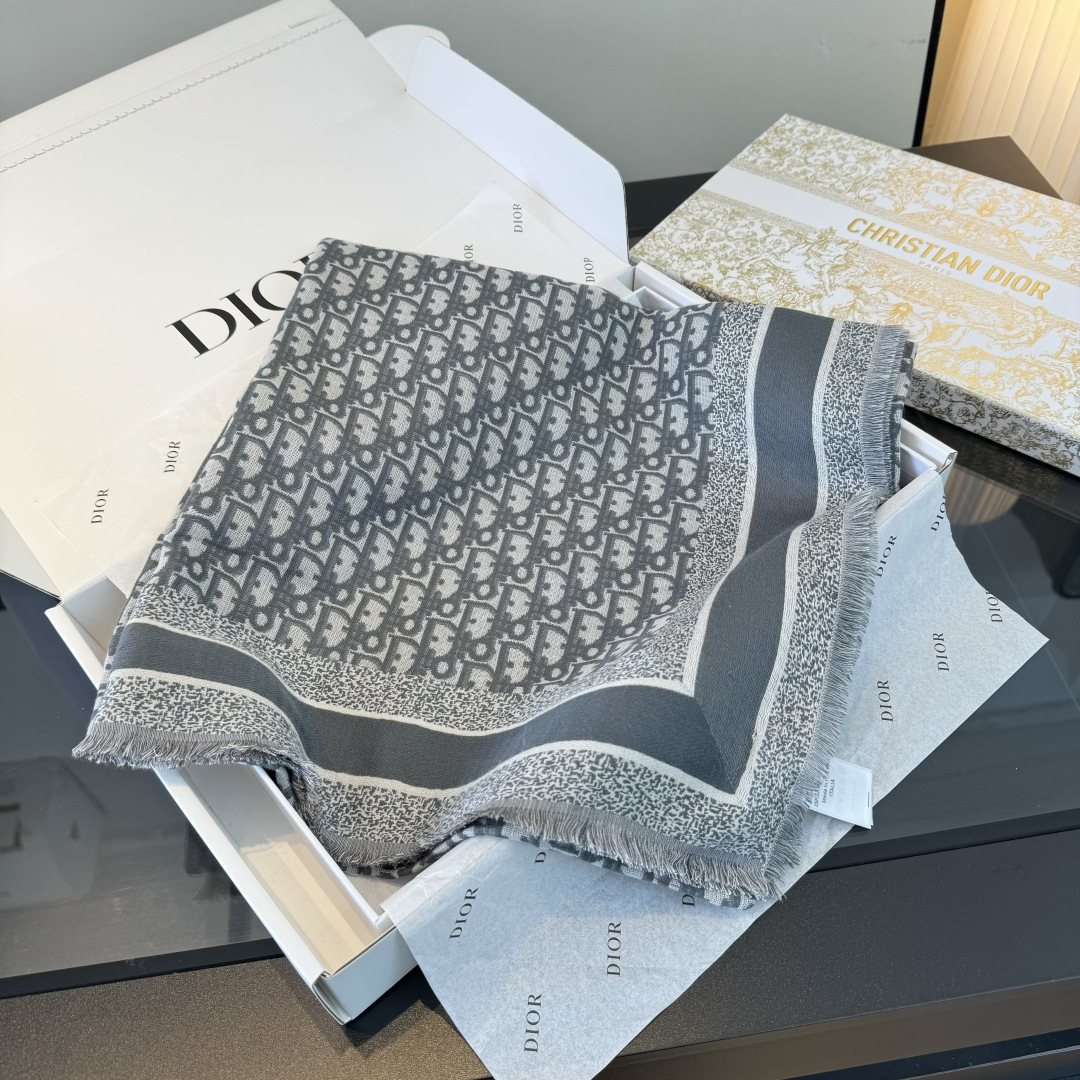Dior Striped-Border Fringed Square Shawl