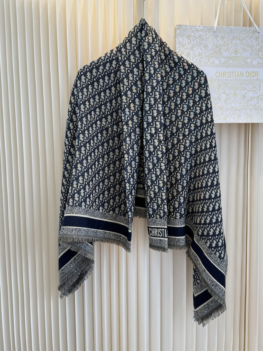 Dior Striped-Border Fringed Square Shawl
