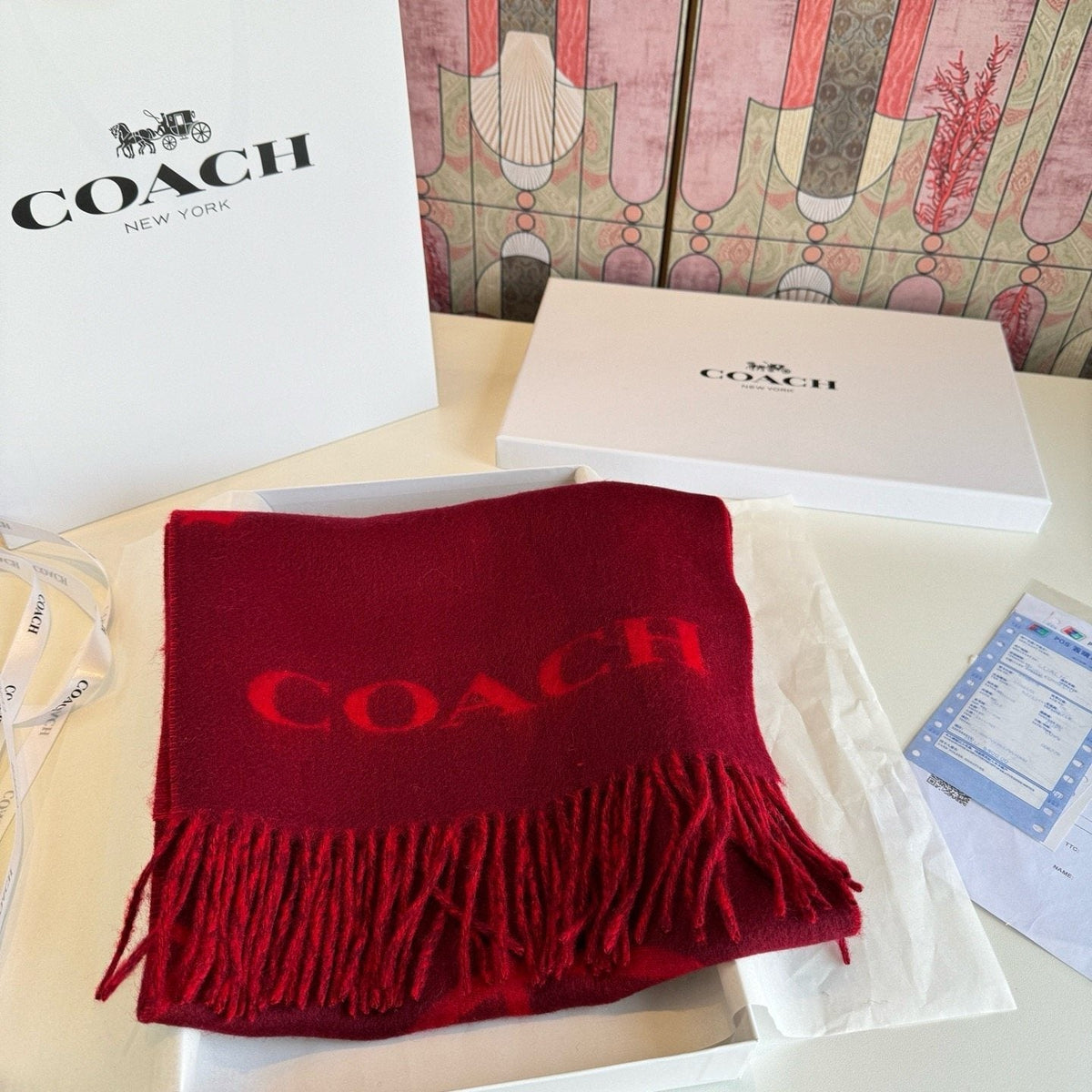 Coach Reversible Fringed Logo Scarf