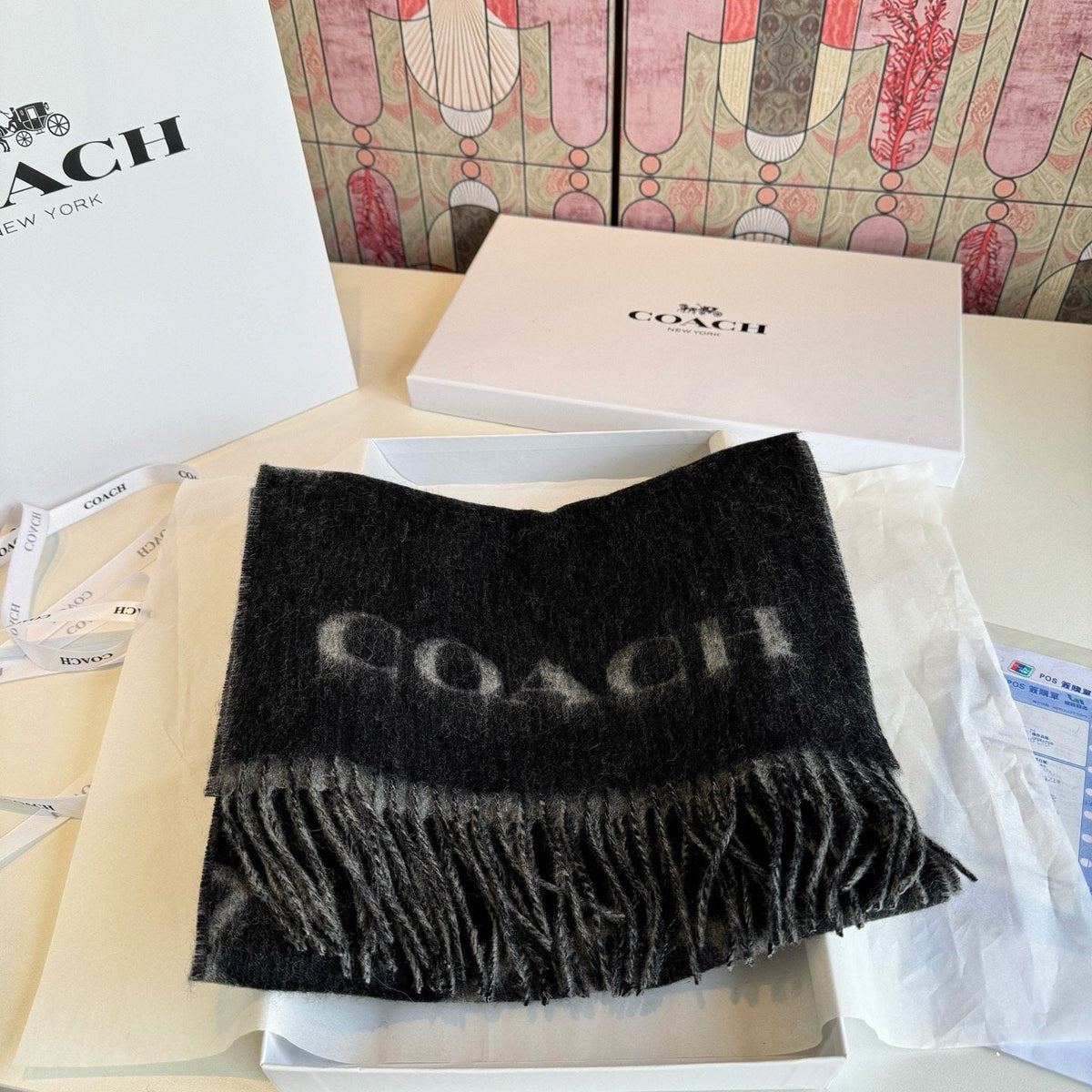 Coach Reversible Fringed Logo Scarf