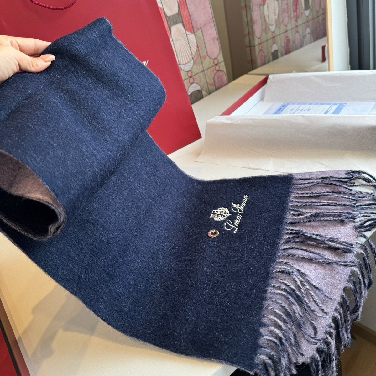 Loro Piana Reversible Scarf with Embroidered Crest