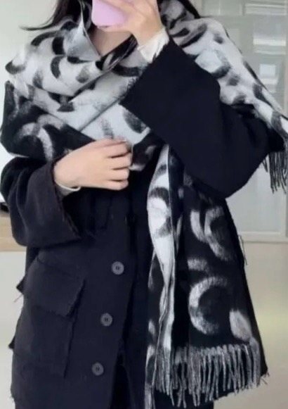 Chanel Black Fringed Patterned Scarf
