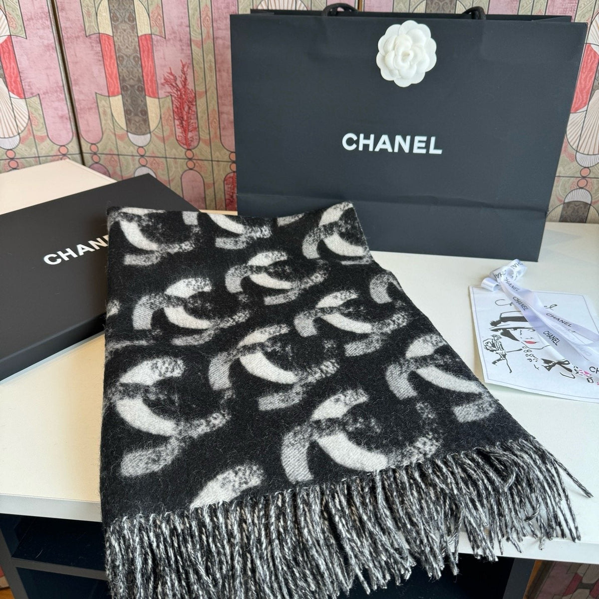 Chanel Black Fringed Patterned Scarf
