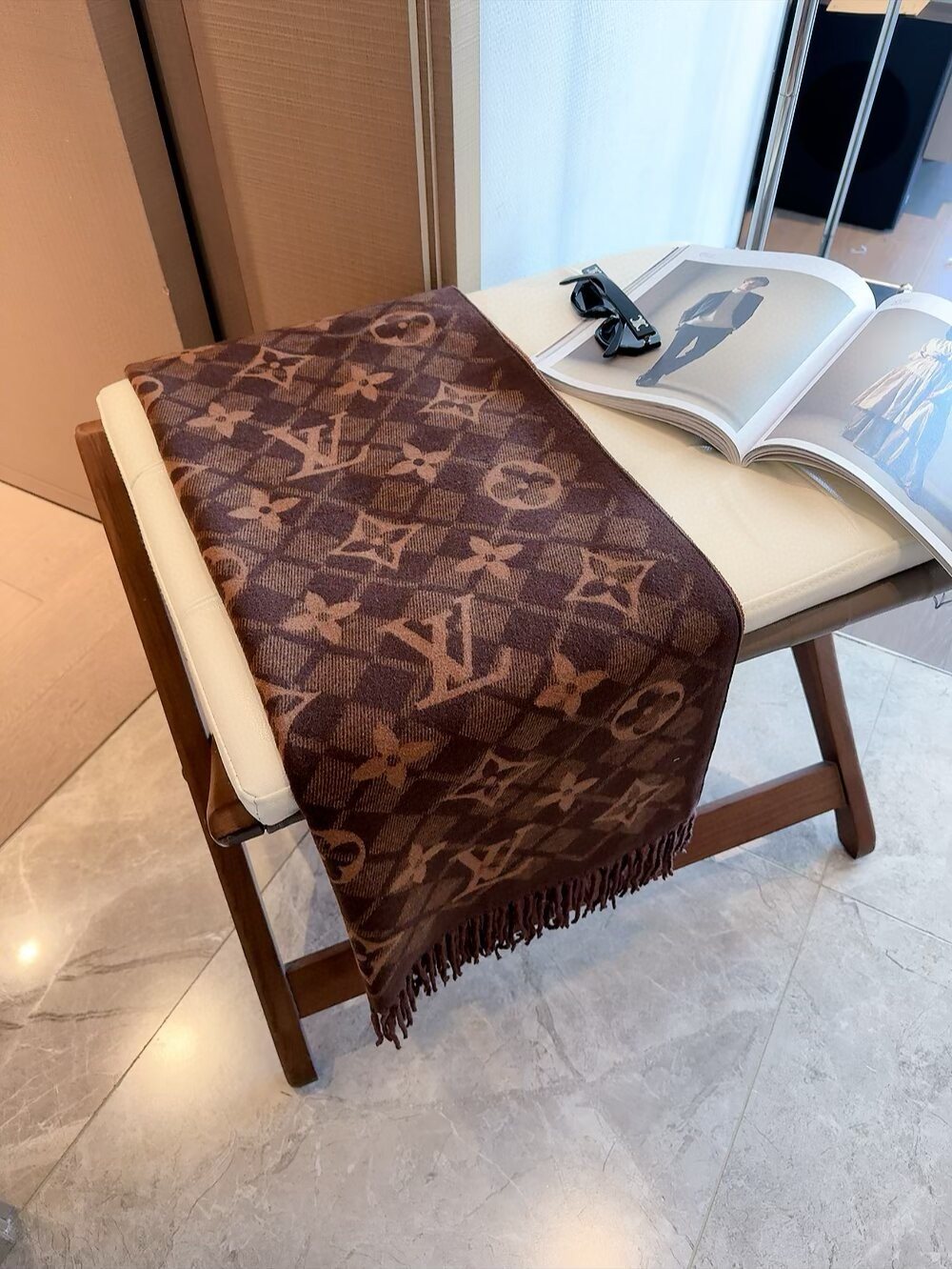 Louis Vuitton Dark Brown Fringed Patterned Scarf