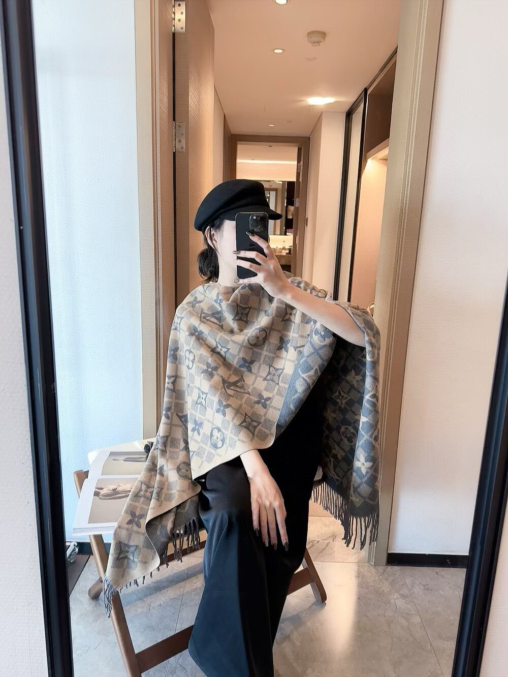 Louis Vuitton Dark Brown Fringed Patterned Scarf