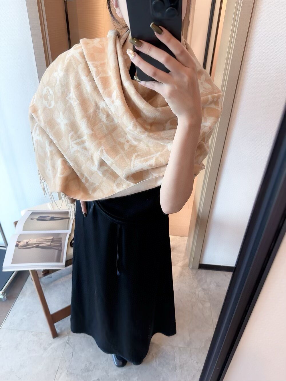 Louis Vuitton Dark Brown Fringed Patterned Scarf
