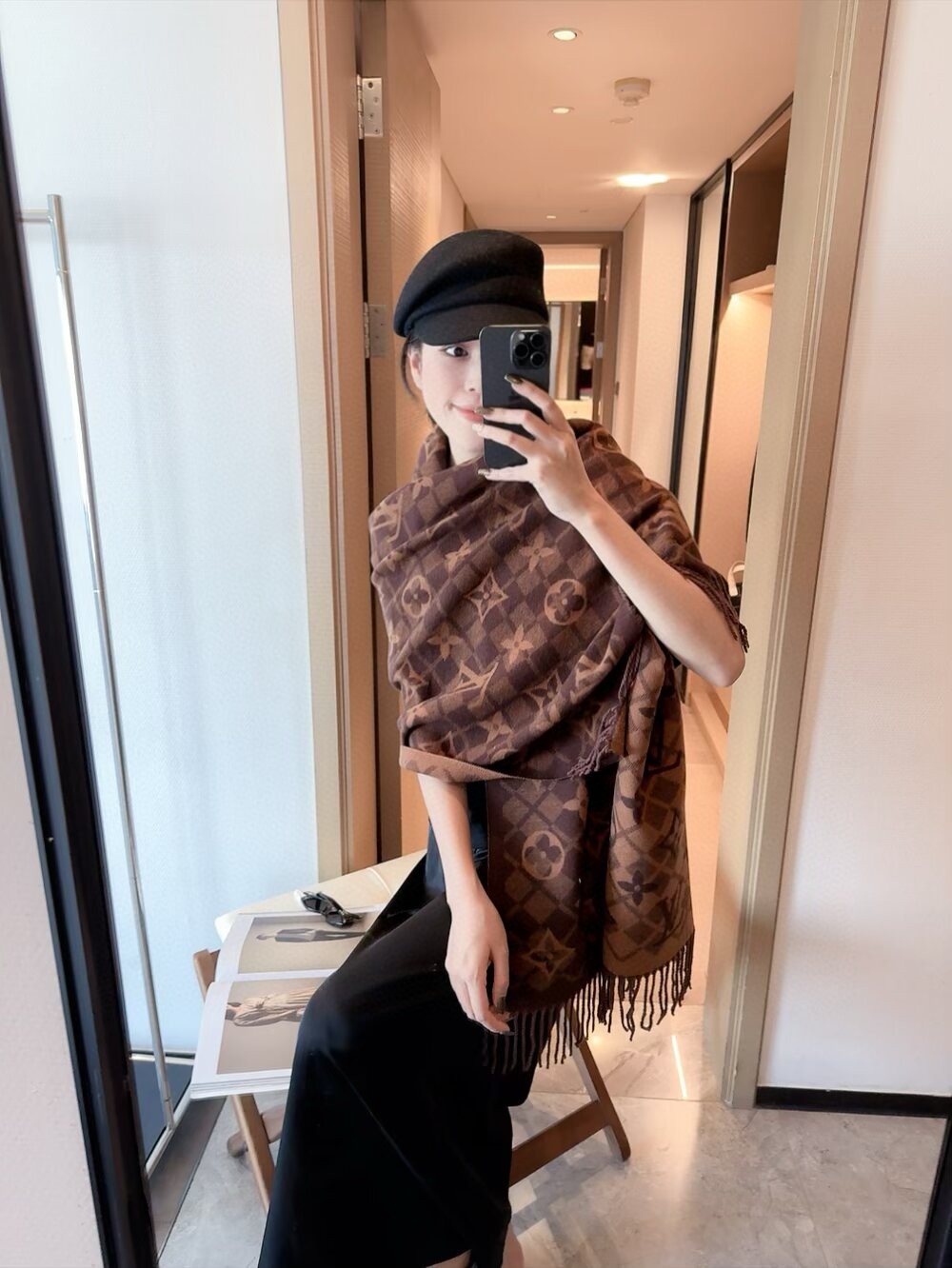 Louis Vuitton Dark Brown Fringed Patterned Scarf