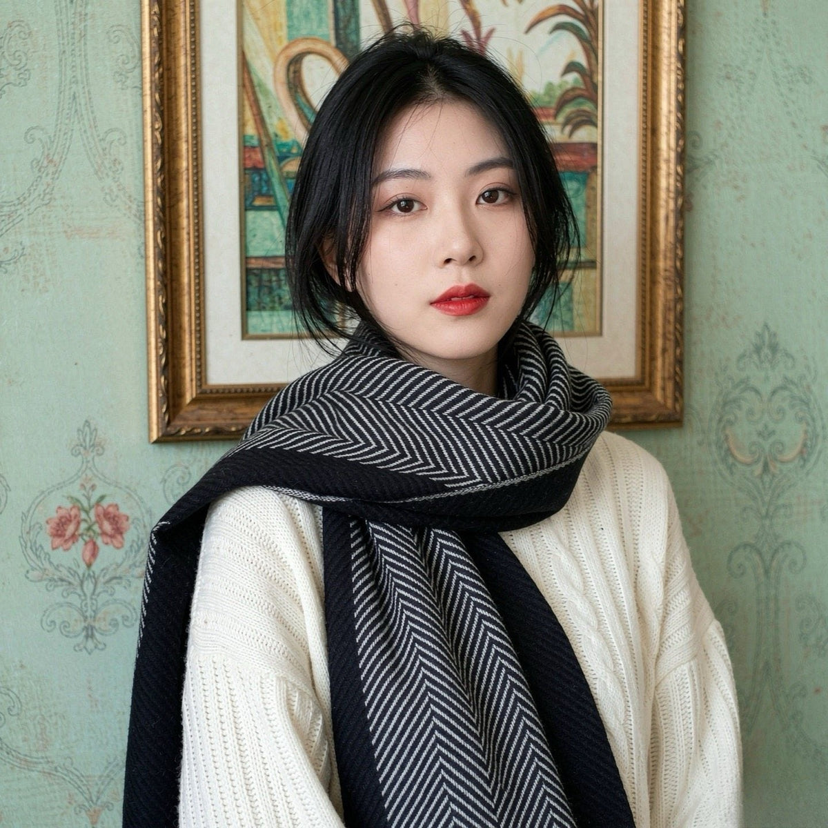 Loro Piana Black & White Herringbone Scarf