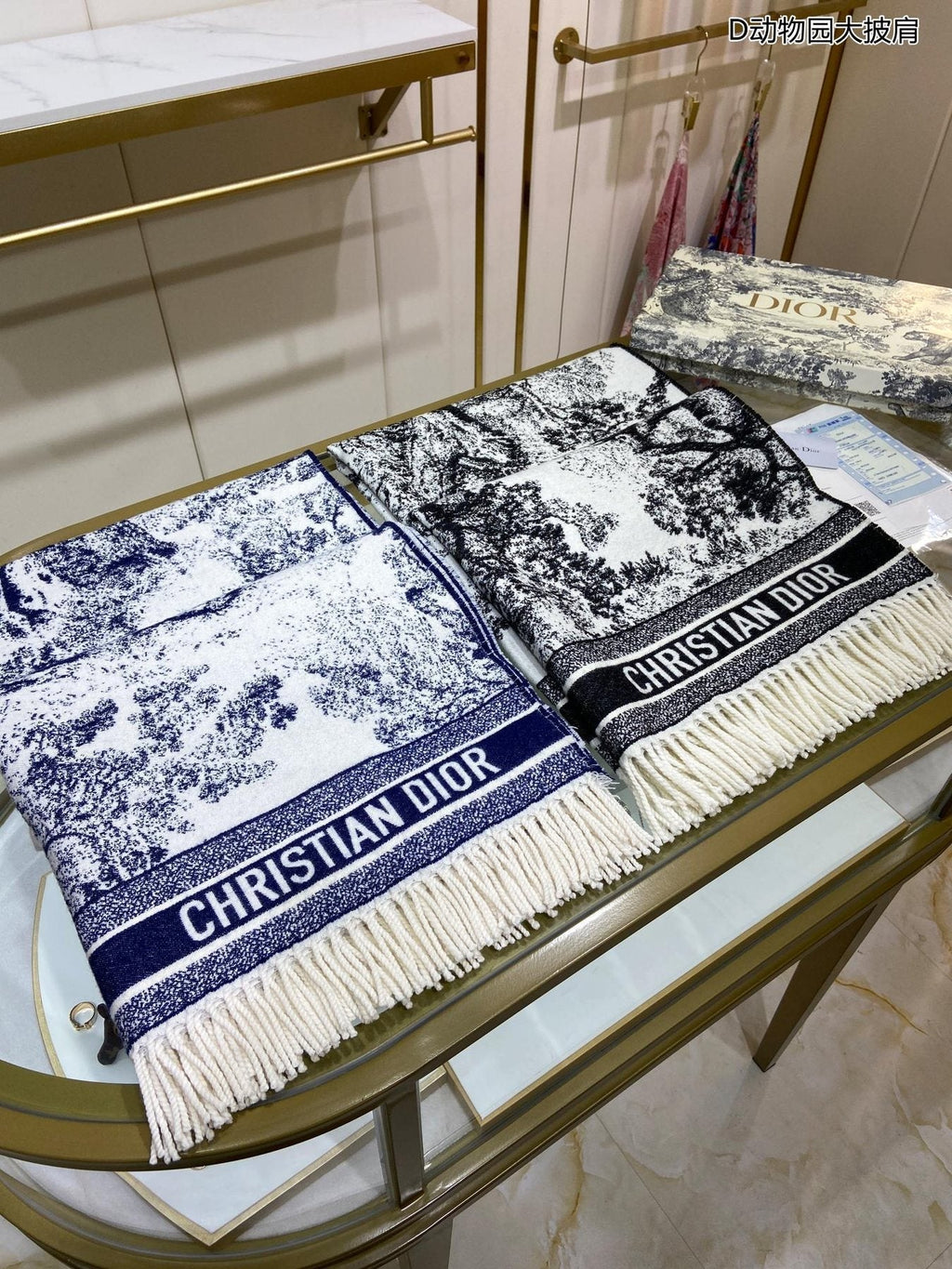 Dior Navy Toile Fringed Shawl