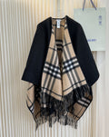 Black and Beige Plaid Fringed Poncho