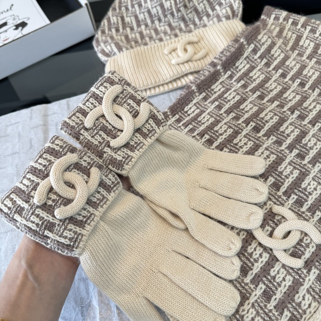 Chanel Logo Knit Hat, Scarf & Gloves Set