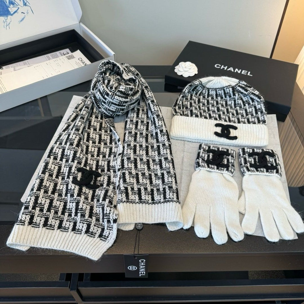 Chanel Logo Knit Hat, Scarf & Gloves Set