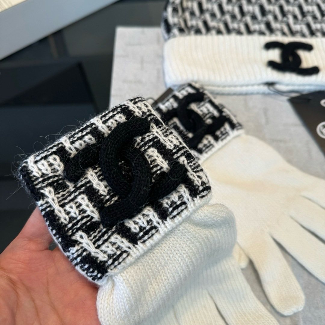 Chanel Logo Knit Hat, Scarf & Gloves Set