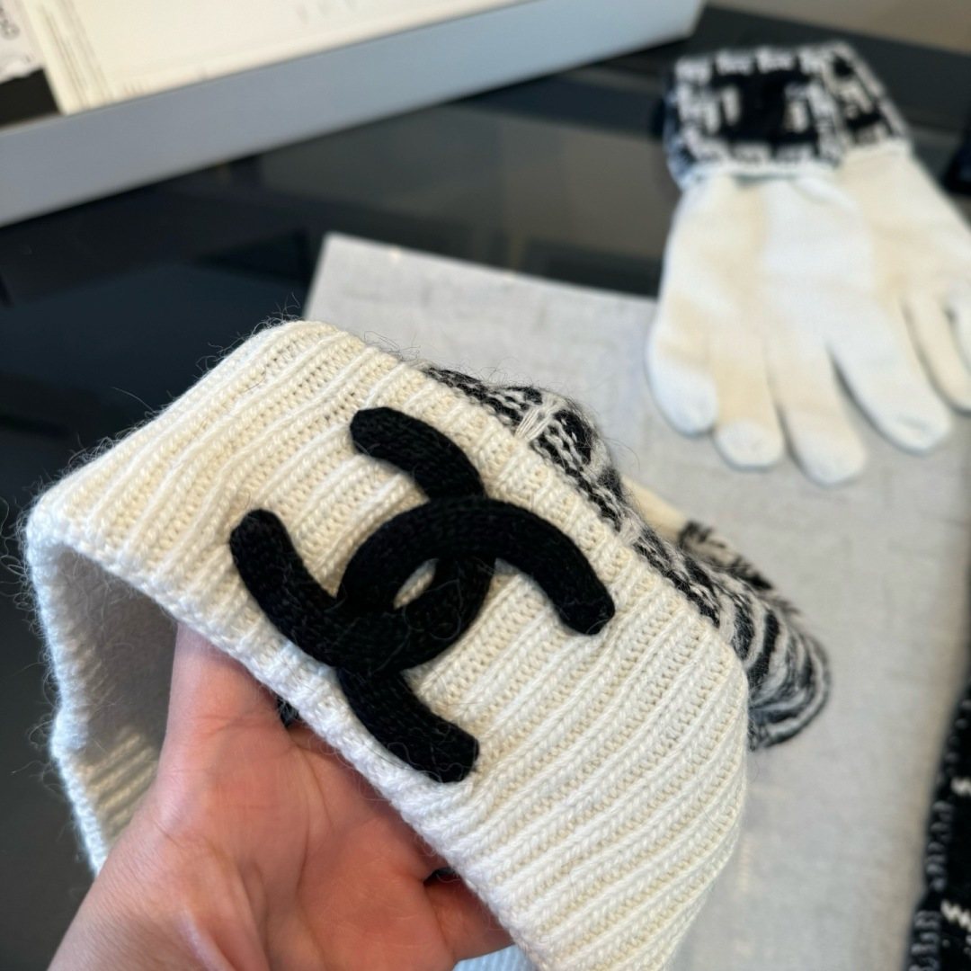 Chanel Logo Knit Hat, Scarf & Gloves Set