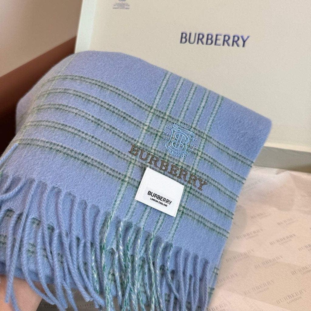 Burberry Light Blue Plaid Fringed Scarf