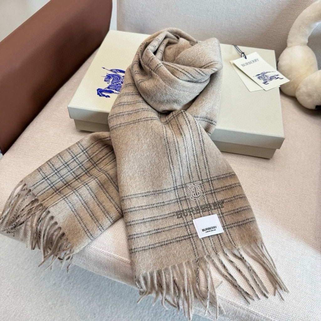 Burberry Light Blue Plaid Fringed Scarf