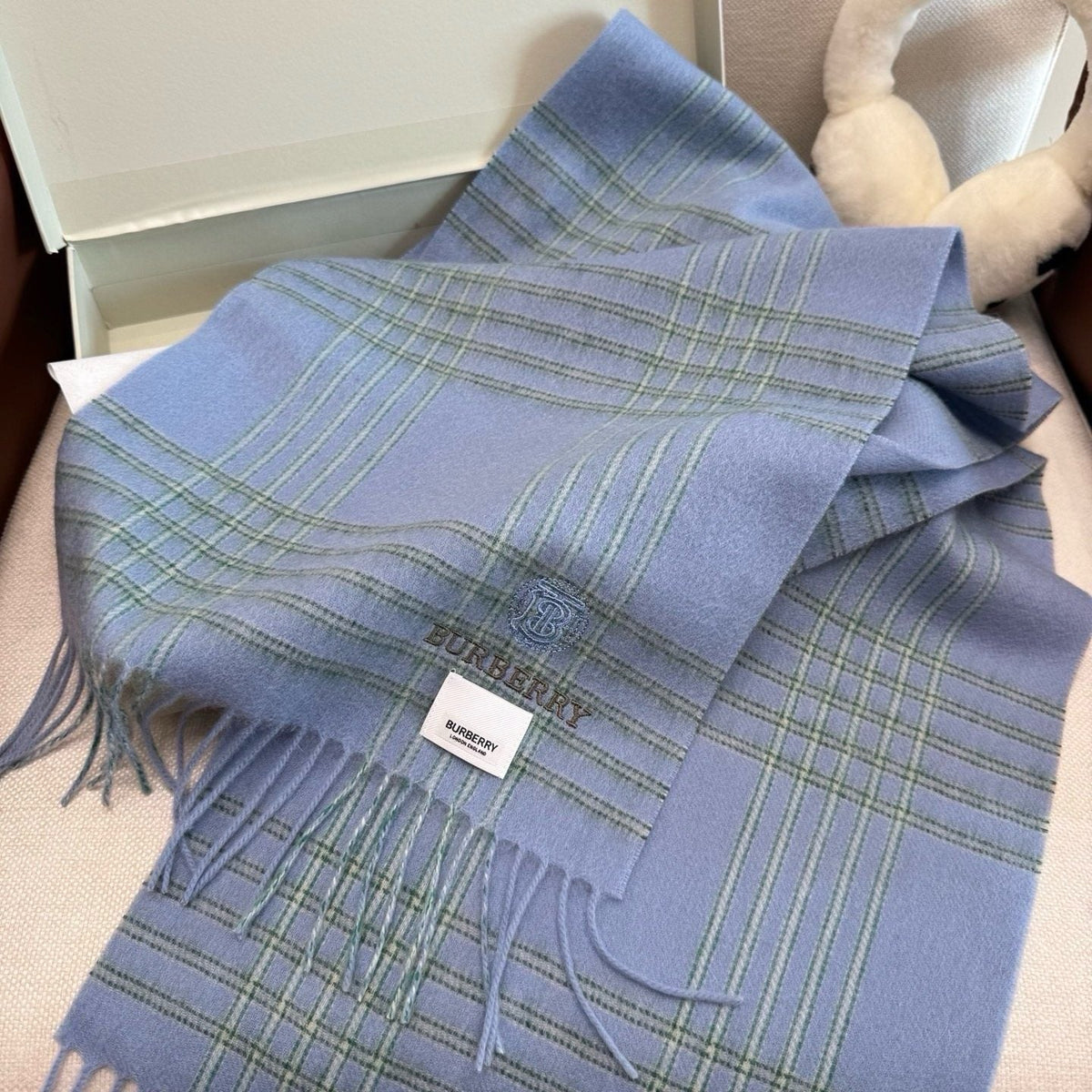 Burberry Light Blue Plaid Fringed Scarf