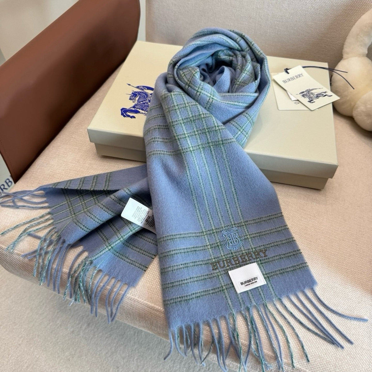 Burberry Light Blue Plaid Fringed Scarf