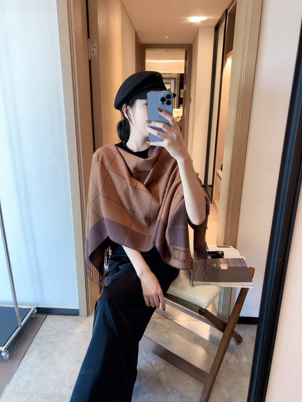 Hermès Fringed Grid Motif Scarf