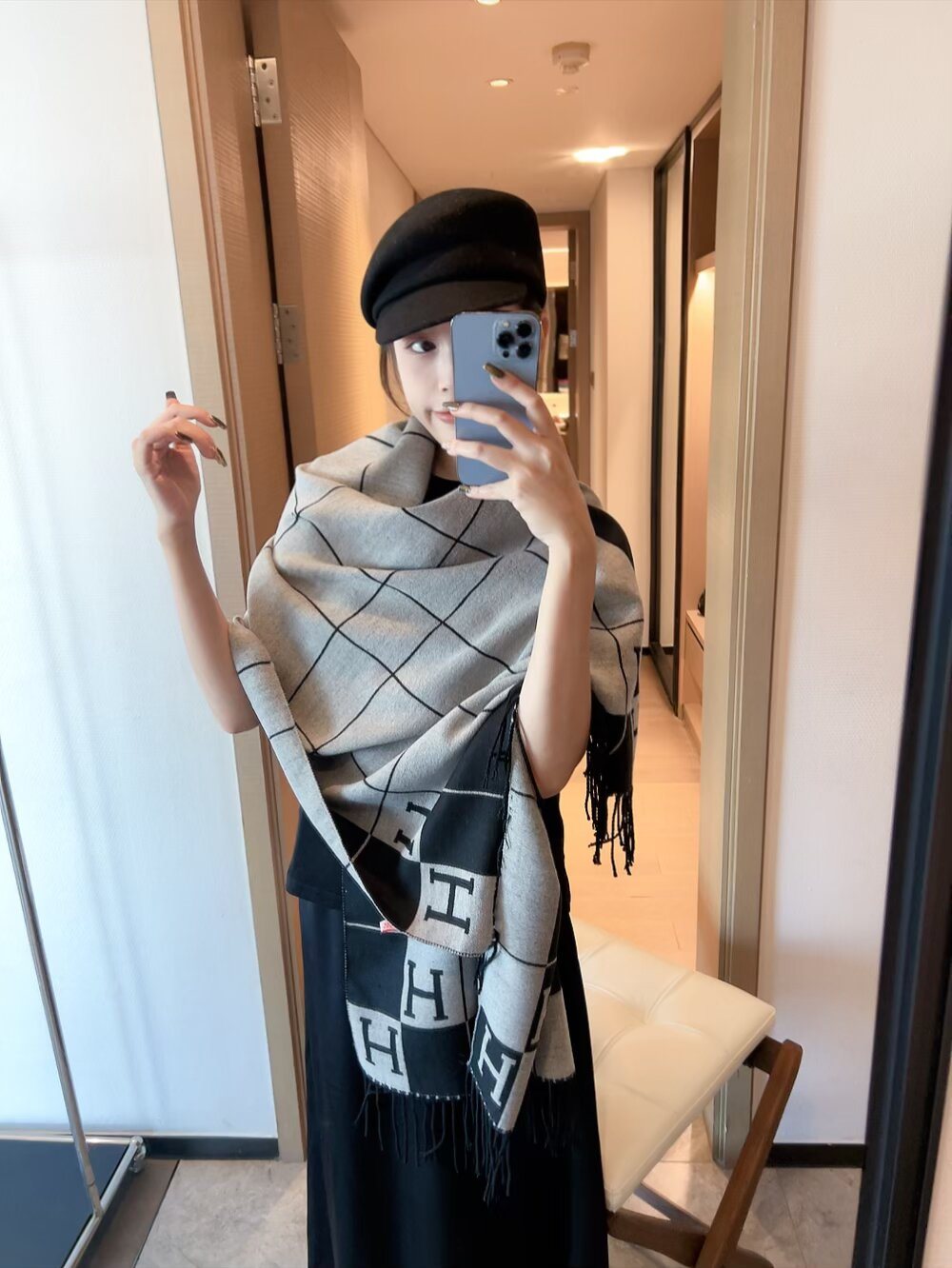 Hermès Fringed Grid Motif Scarf