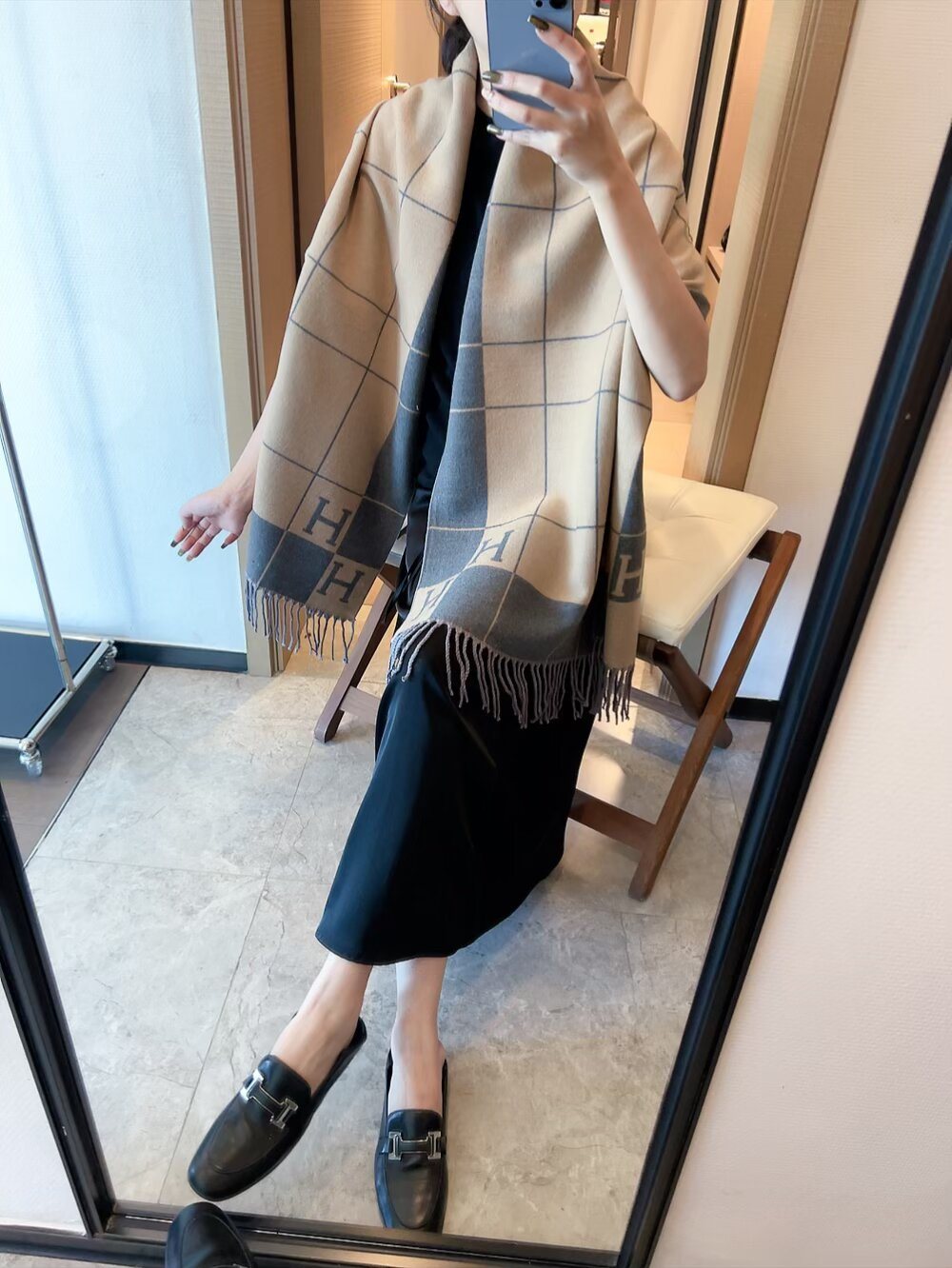 Hermès Fringed Grid Motif Scarf