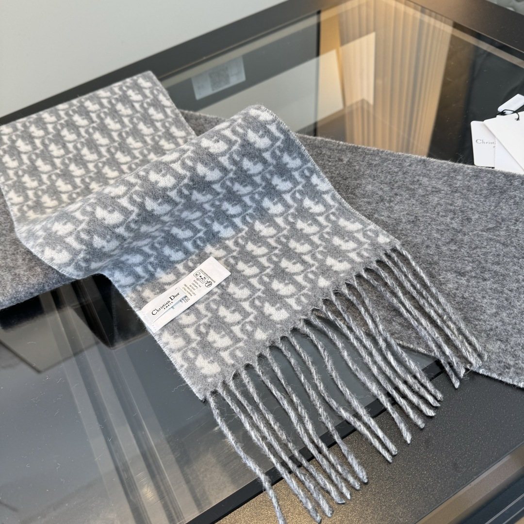 Dior Gray & Ivory Fringed Scarf