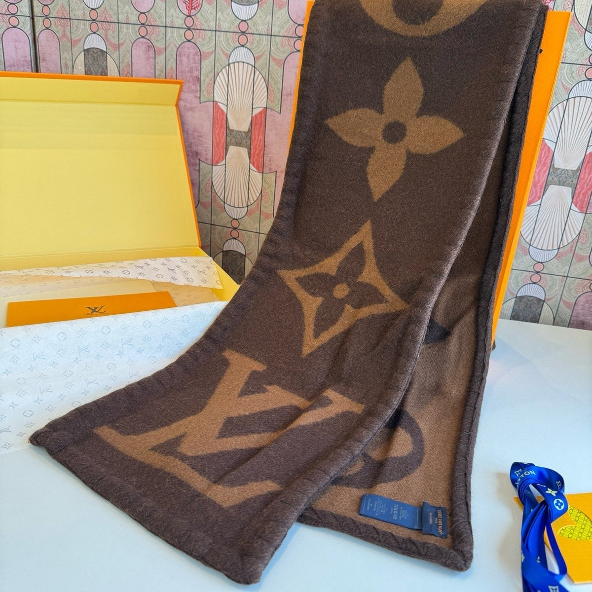 Louis Vuitton Brown and Tan Motif Scarf