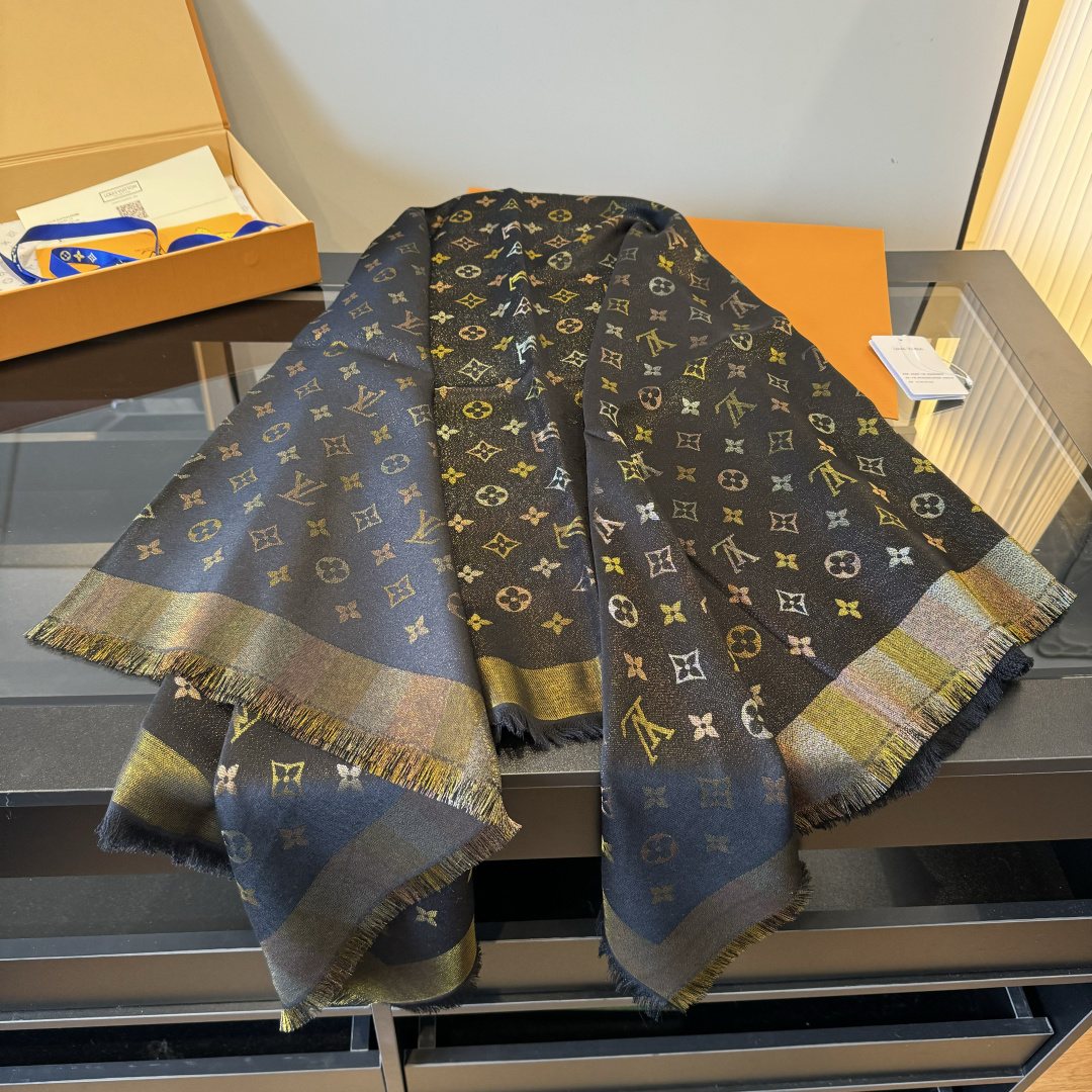 Louis Vuitton Charcoal Gold Monogram Fringed Shawl