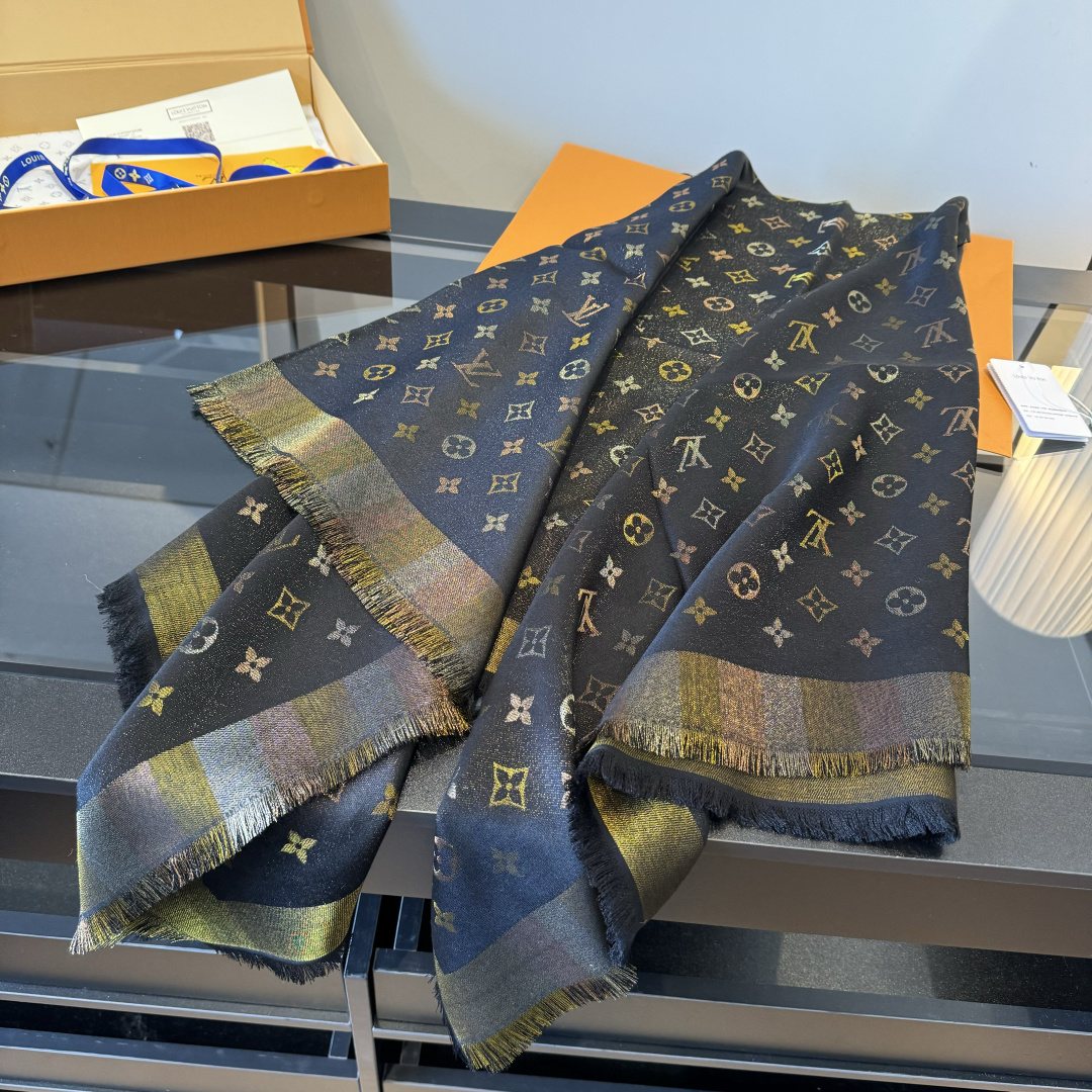 Louis Vuitton Charcoal Gold Monogram Fringed Shawl