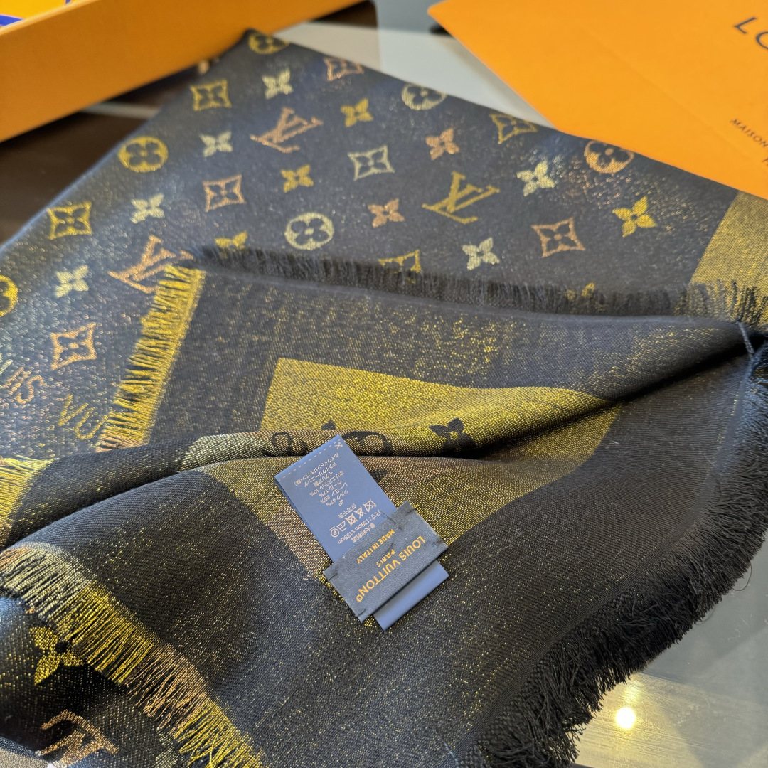 Louis Vuitton Charcoal Gold Monogram Fringed Shawl