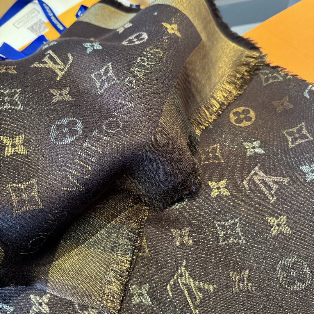 Louis Vuitton Charcoal Gold Monogram Fringed Shawl